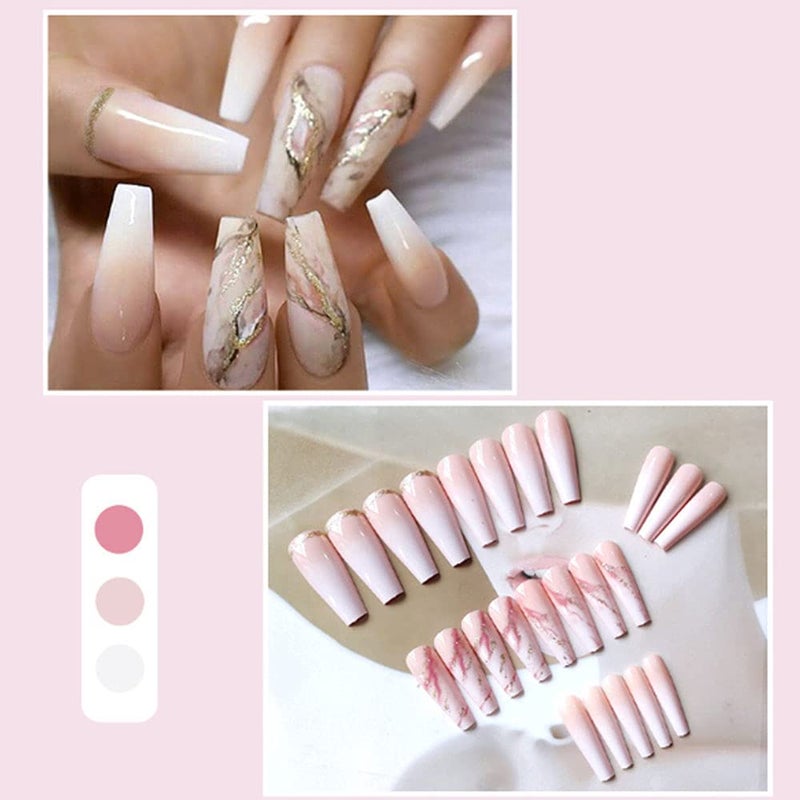 YoYoee Nude Press On Nails Coffin Long Fake Nails Acrylic Gradient False Nails Marble Full Cover Stick On Nails for Women and Girls (24 PCS) - Image 2