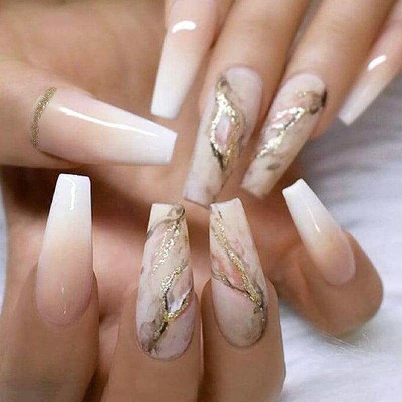 YoYoee Nude Press On Nails Coffin Long Fake Nails Acrylic Gradient False Nails Marble Full Cover Stick On Nails for Women and Girls (24 PCS) - Image 1