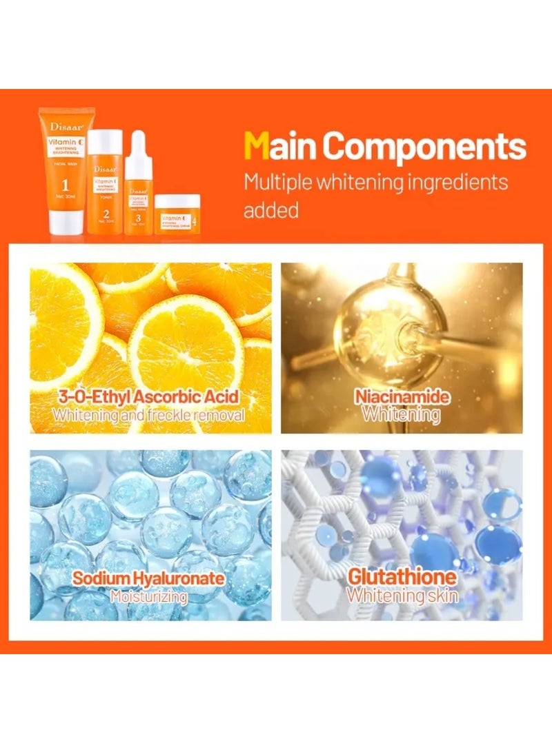 Disaar مجموعة العناية بالبشرة المشرقة والمبيضة بفيتامين C: منظف الوجه، تونر، سيروم وكريم مرطب، مجموعة فيتامين C لمكافحة الشيخوخة - Image 4