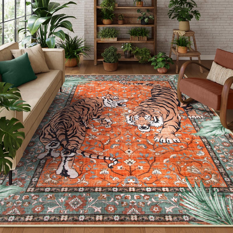 Moynesa Tiger Washable Area Rug, Boho 6x9 Rug for Living Room, Vintage Large Soft Bedroom Rug, Non Slip Ultra Thin Stain Resistant Floor Carpet for Dining Room Home Office, Rust - Image 1