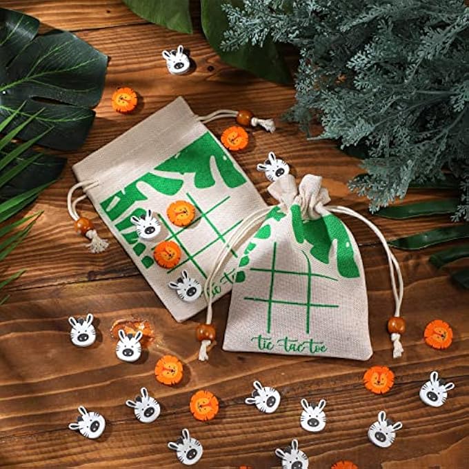 سوتيف 36 مجموعة من ألعاب الطاولة لحفلة الغابة TictacToe 360 قطعة خشبية صغيرة مع 36 حقيبة هدايا غير منسوجة برباط للوازم حفلات عيد ميلاد سفاري للأطفال - Image 5