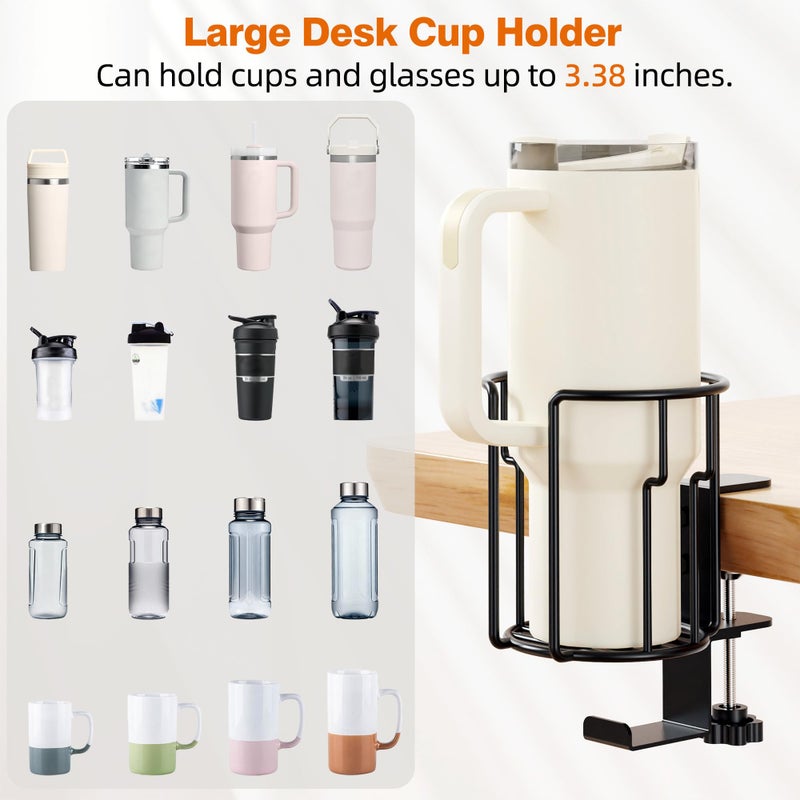 NANAGIFTREE Large Desk Cup Holder, 2-in-1 Clip On Cup Holder with Headphone Hook, Heavy-Duty Metal Drink Holder for Insulated Tumblers, Big Water Bottles, Fits Office Desk Organizer, Dorm, Gaming Setup (1 Pack) - Image 4