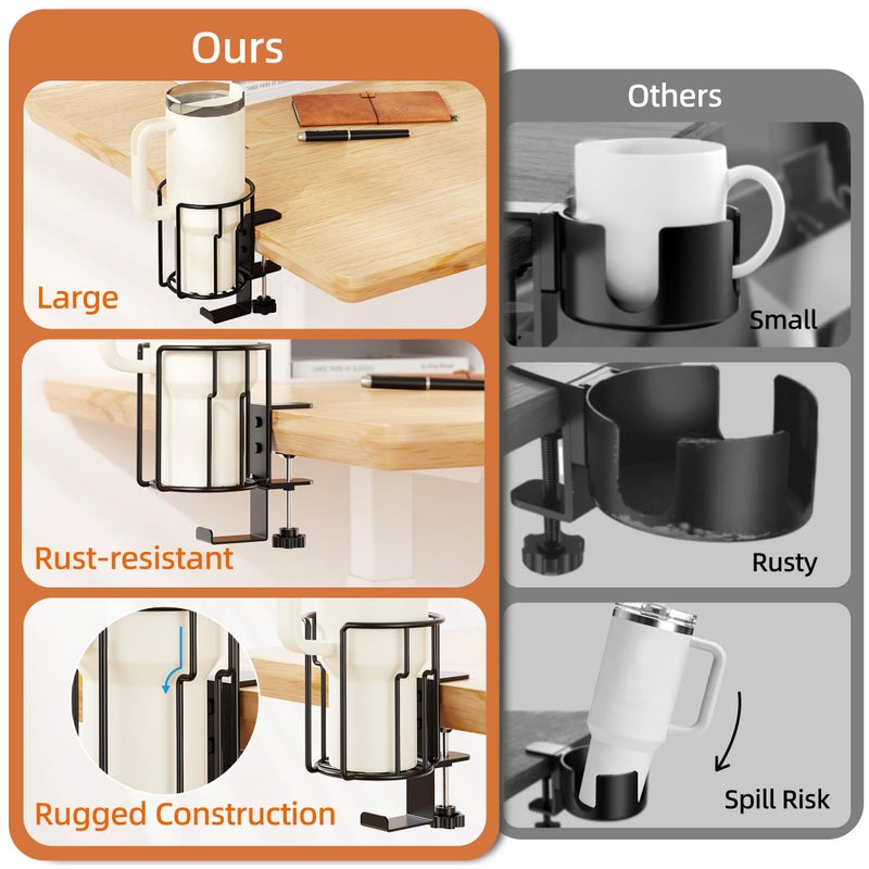 NANAGIFTREE Large Desk Cup Holder, 2-in-1 Clip On Cup Holder with Headphone Hook, Heavy-Duty Metal Drink Holder for Insulated Tumblers, Big Water Bottles, Fits Office Desk Organizer, Dorm, Gaming Setup (1 Pack) - Image 5