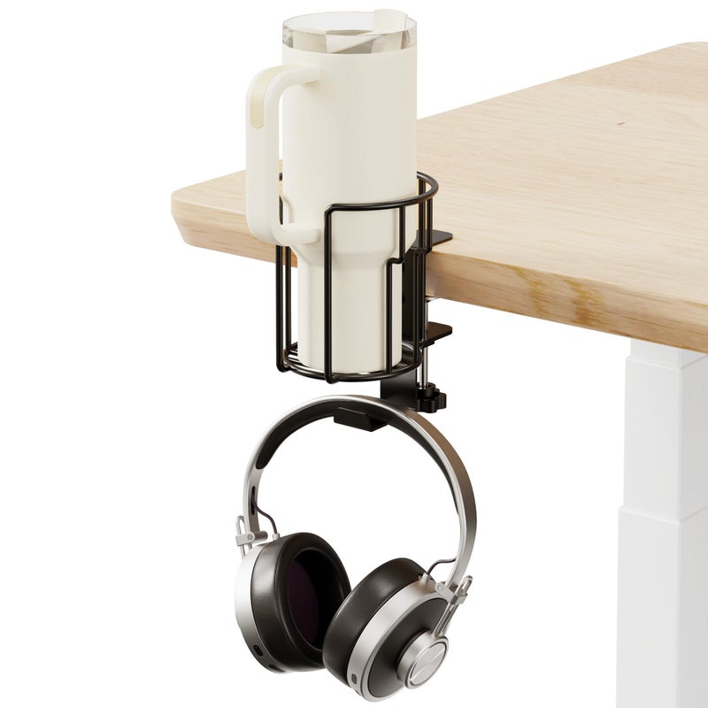 NANAGIFTREE Large Desk Cup Holder, 2-in-1 Clip On Cup Holder with Headphone Hook, Heavy-Duty Metal Drink Holder for Insulated Tumblers, Big Water Bottles, Fits Office Desk Organizer, Dorm, Gaming Setup (1 Pack) - Image 1
