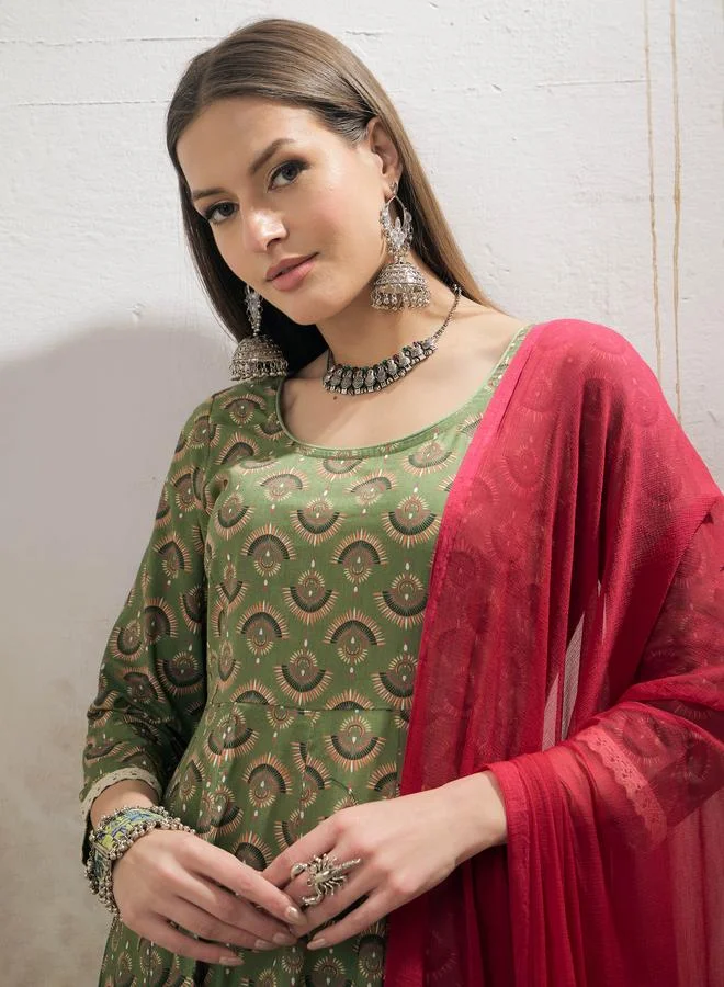 SASSAFRAS SASSAFRAS Green Floral Print Anarkali Kurta with Pencil Pants and Dupatta Set