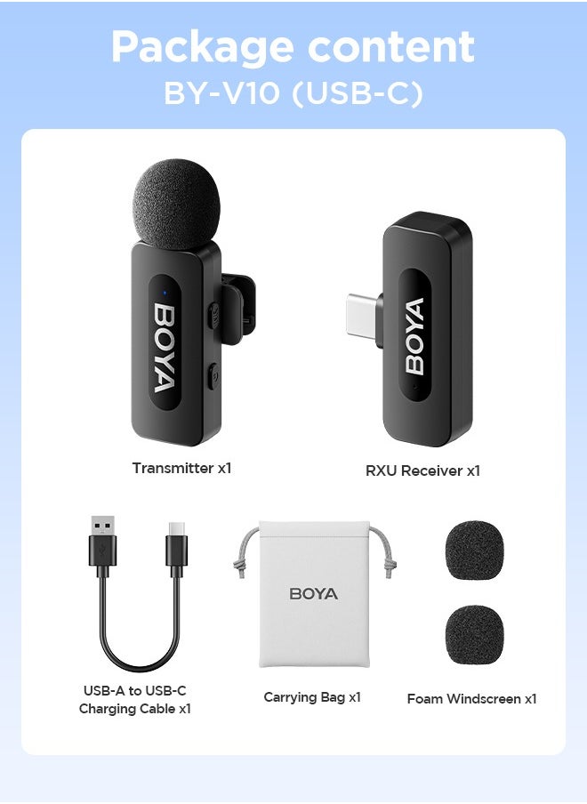 BOYA - BOYA BY-V10 Wireless Lavalier Lapel Microphone for Android Smartphone Laptop - Omnidirectional USB C Condenser Video Recording Mic for Interview Podcast Vlog - Image 1