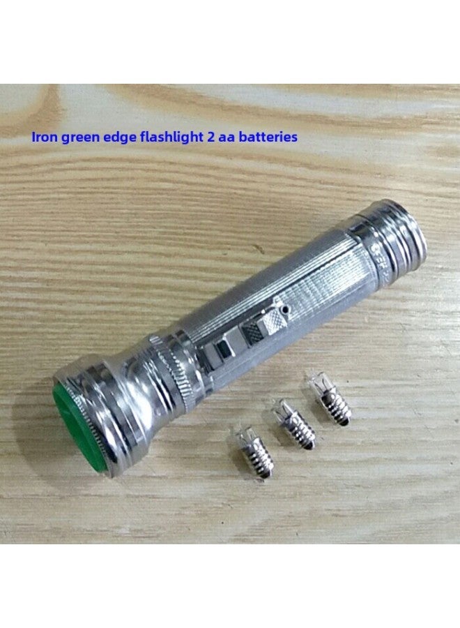 Old-fashioned Iron Flashlight No. 1, No. 2, No. 5 Battery Yellow Tungsten Bulb Glass Sheet  -Product Specifications:(small) No. 2 2 Small Head Green Edge + 5 Bulbs Without Battery - Image 1