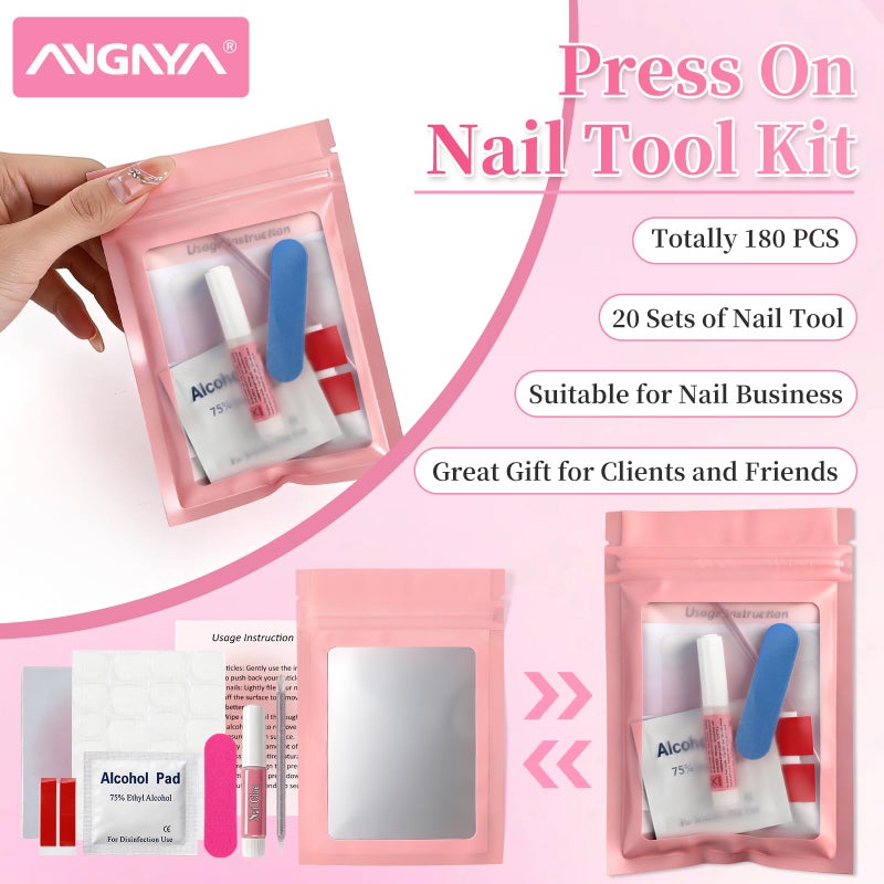 ANGNYA 20PCS 9-IN-1 Press On Nail Tool Kit: Instruction Cards, Pink Cards, Sticky Tapes, Nail Glue, Adhesive Tabs, Mini Nail File, Acrylic Sticks, Prep Pads and Bags, Nail Prep Kit for Nail Business - Image 2