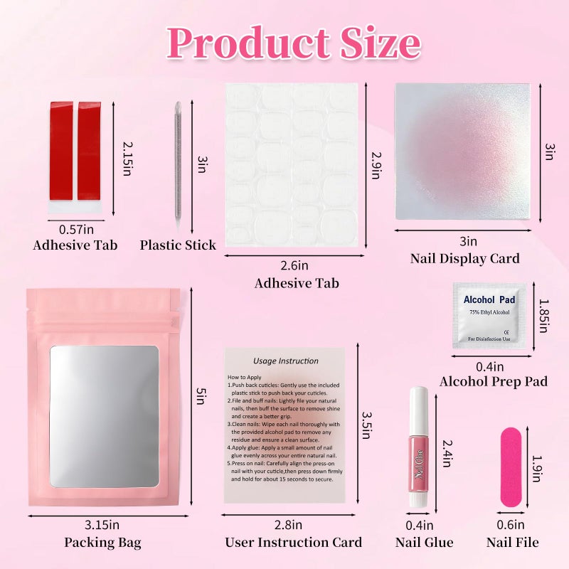 ANGNYA 20PCS 9-IN-1 Press On Nail Tool Kit: Instruction Cards, Pink Cards, Sticky Tapes, Nail Glue, Adhesive Tabs, Mini Nail File, Acrylic Sticks, Prep Pads and Bags, Nail Prep Kit for Nail Business - Image 4