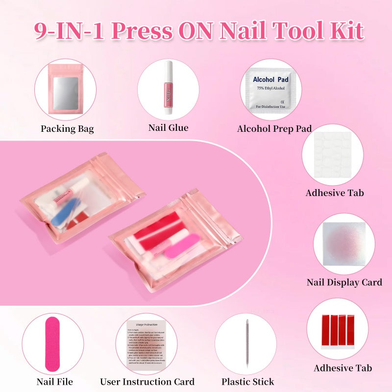ANGNYA 20PCS 9-IN-1 Press On Nail Tool Kit: Instruction Cards, Pink Cards, Sticky Tapes, Nail Glue, Adhesive Tabs, Mini Nail File, Acrylic Sticks, Prep Pads and Bags, Nail Prep Kit for Nail Business - Image 3