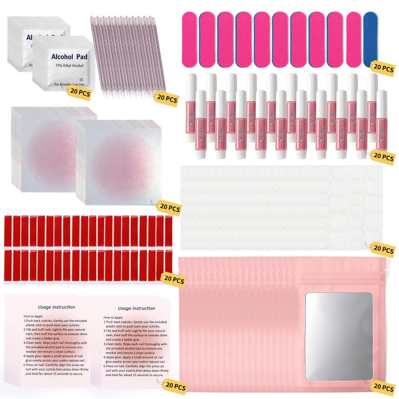 ANGNYA 20PCS 9-IN-1 Press On Nail Tool Kit: Instruction Cards, Pink Cards, Sticky Tapes, Nail Glue, Adhesive Tabs, Mini Nail File, Acrylic Sticks, Prep Pads and Bags, Nail Prep Kit for Nail Business - Image 1