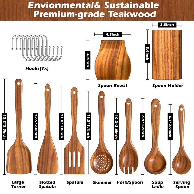 Umite Chef Natural Teak Kitchen Cooking Utensil Set with Holder, Wooden Spoons for Cooking, 10PCS Cooking Spatulas Set with Spoon Rest, Wooden Utensil Set for Nonstick Cookware Sturdy & Lightweight - Image 2