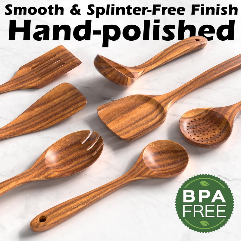 Umite Chef Natural Teak Kitchen Cooking Utensil Set with Holder, Wooden Spoons for Cooking, 10PCS Cooking Spatulas Set with Spoon Rest, Wooden Utensil Set for Nonstick Cookware Sturdy & Lightweight - Image 4