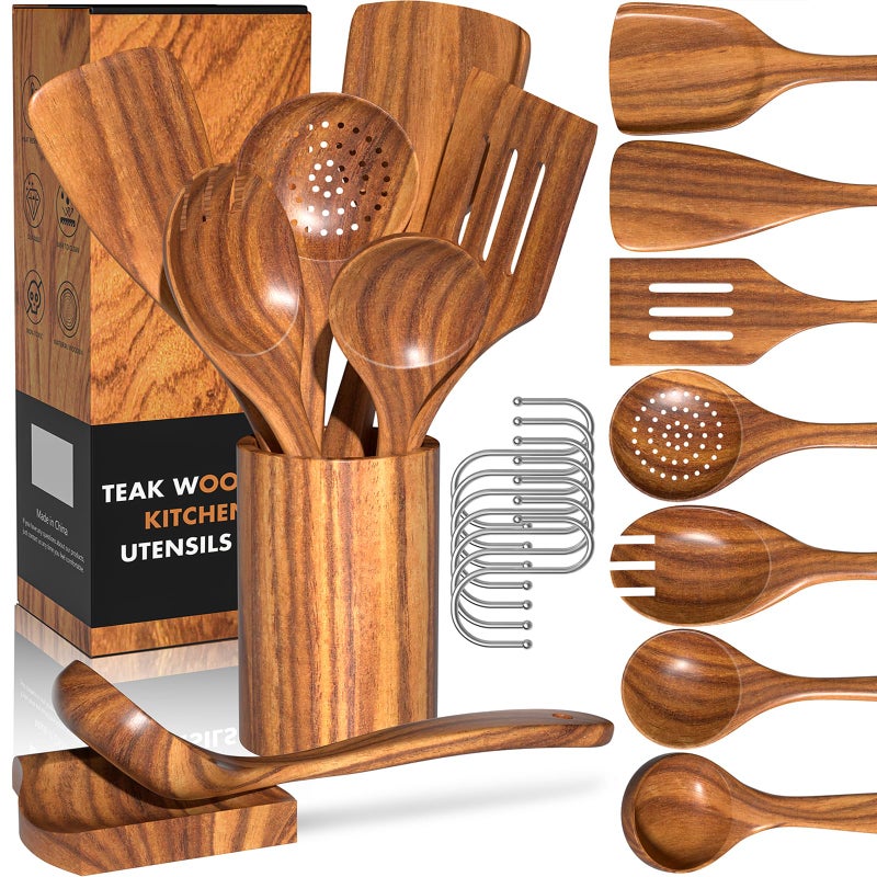 Umite Chef Natural Teak Kitchen Cooking Utensil Set with Holder, Wooden Spoons for Cooking, 10PCS Cooking Spatulas Set with Spoon Rest, Wooden Utensil Set for Nonstick Cookware Sturdy & Lightweight - Image 1