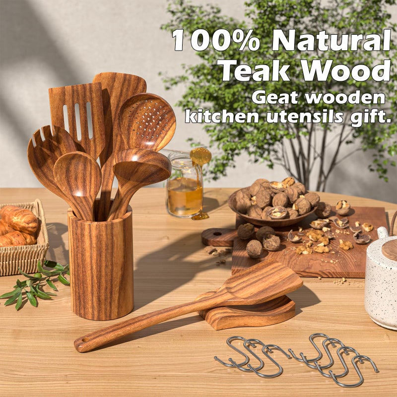 Umite Chef Natural Teak Kitchen Cooking Utensil Set with Holder, Wooden Spoons for Cooking, 10PCS Cooking Spatulas Set with Spoon Rest, Wooden Utensil Set for Nonstick Cookware Sturdy & Lightweight - Image 3