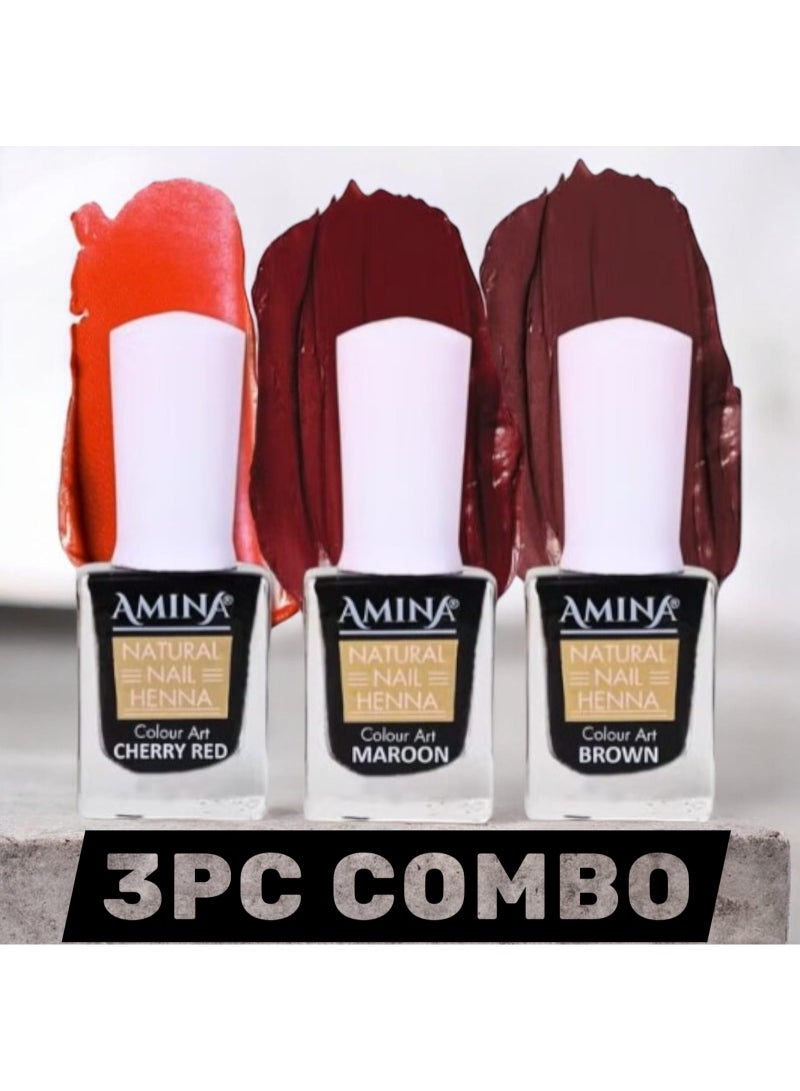 Amina Instant Nail Henna Mehendi Bottle 3PCS COMBO – Dark Brown, Cherry Red & Maroon | Halal Nail Polish | Long Lasting Nail Colour for Women - Image 1
