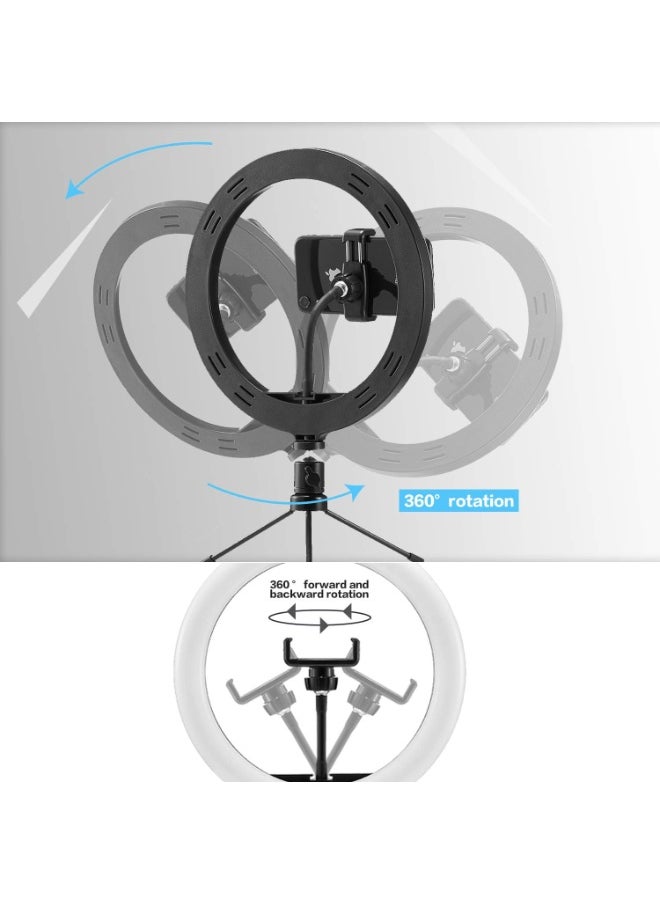 10" Selfie Ring Light with Tripod Stand and Phone Holder – Portable LED Desk Makeup Light with 3 Color Modes & 10 Brightness Levels