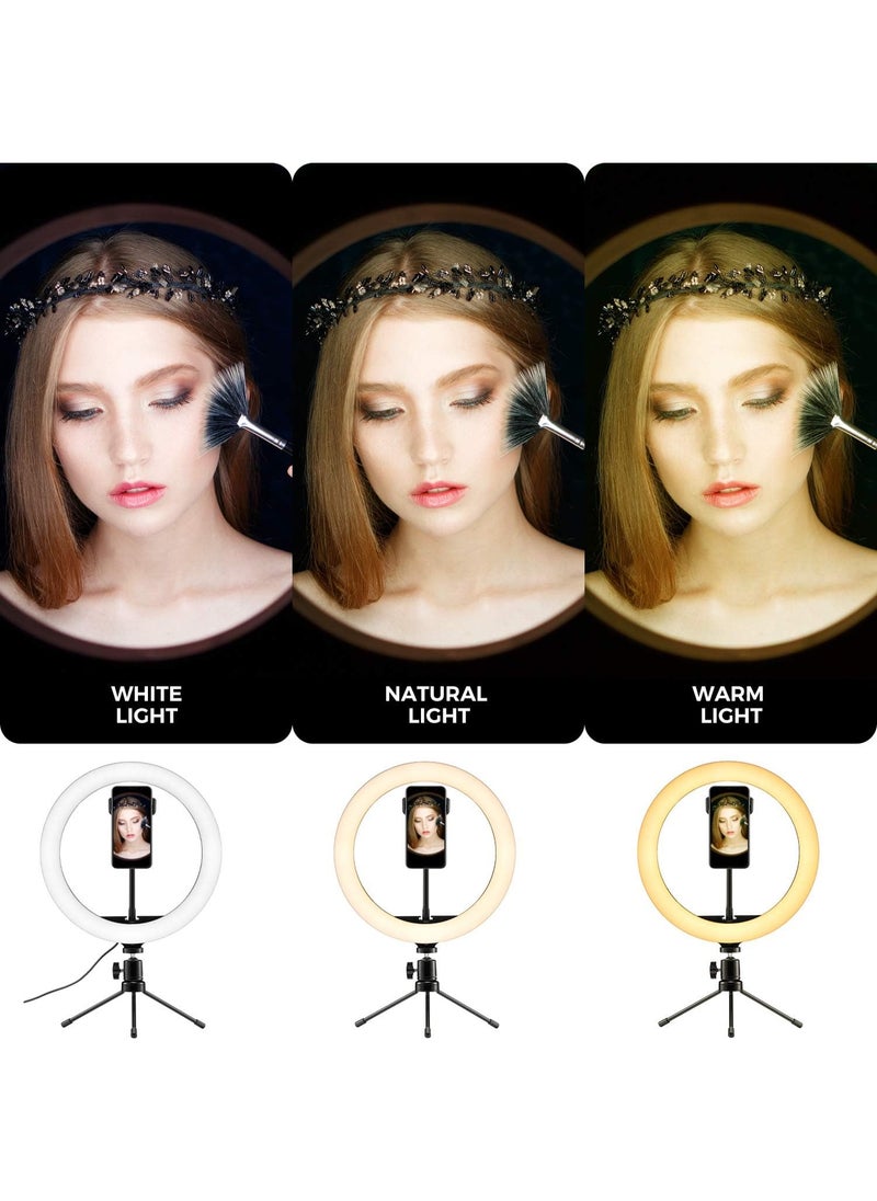 10" Selfie Ring Light with Tripod Stand and Phone Holder – Portable LED Desk Makeup Light with 3 Color Modes & 10 Brightness Levels