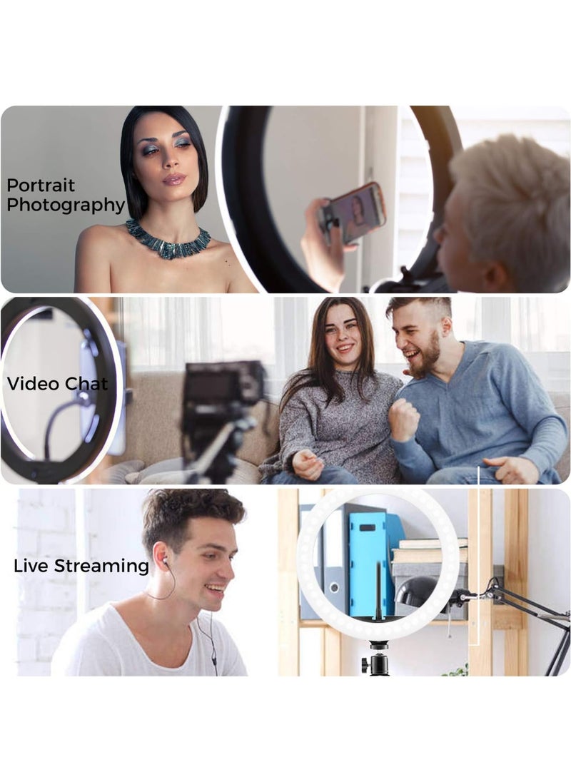10" Selfie Ring Light with Tripod Stand and Phone Holder – Portable LED Desk Makeup Light with 3 Color Modes & 10 Brightness Levels