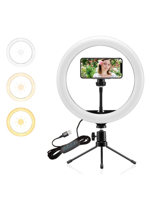 10" Selfie Ring Light with Tripod Stand and Phone Holder – Portable LED Desk Makeup Light with 3 Color Modes & 10 Brightness Levels