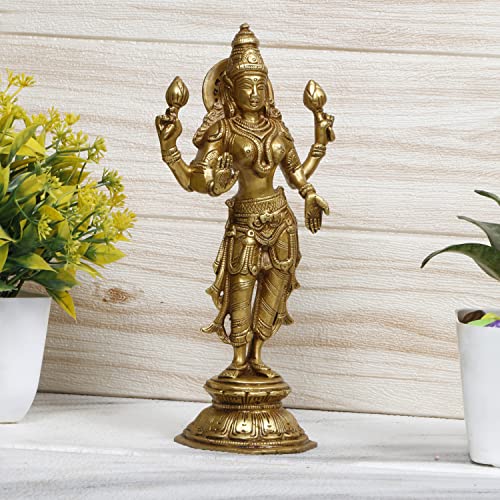 ARTVARKO Brass Maa Laxmi Murti Lakshmi Standing Blessing Idol Statue for Home Office Mandir Décor Puja Vaastu 10 Inch - Image 2