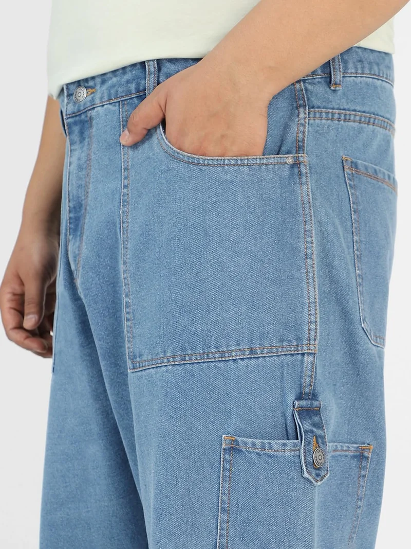 Urbano Fashion  Urbano Plus Men's Light Blue Loose Baggy Fit Washed Cargo Jeans with 6 Pockets Non-Stretchable  | Best Price UAE