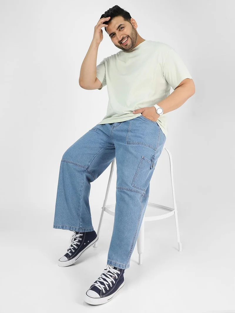 Urbano Fashion  Urbano Plus Men's Light Blue Loose Baggy Fit Washed Cargo Jeans with 6 Pockets Non-Stretchable  | Best Price UAE