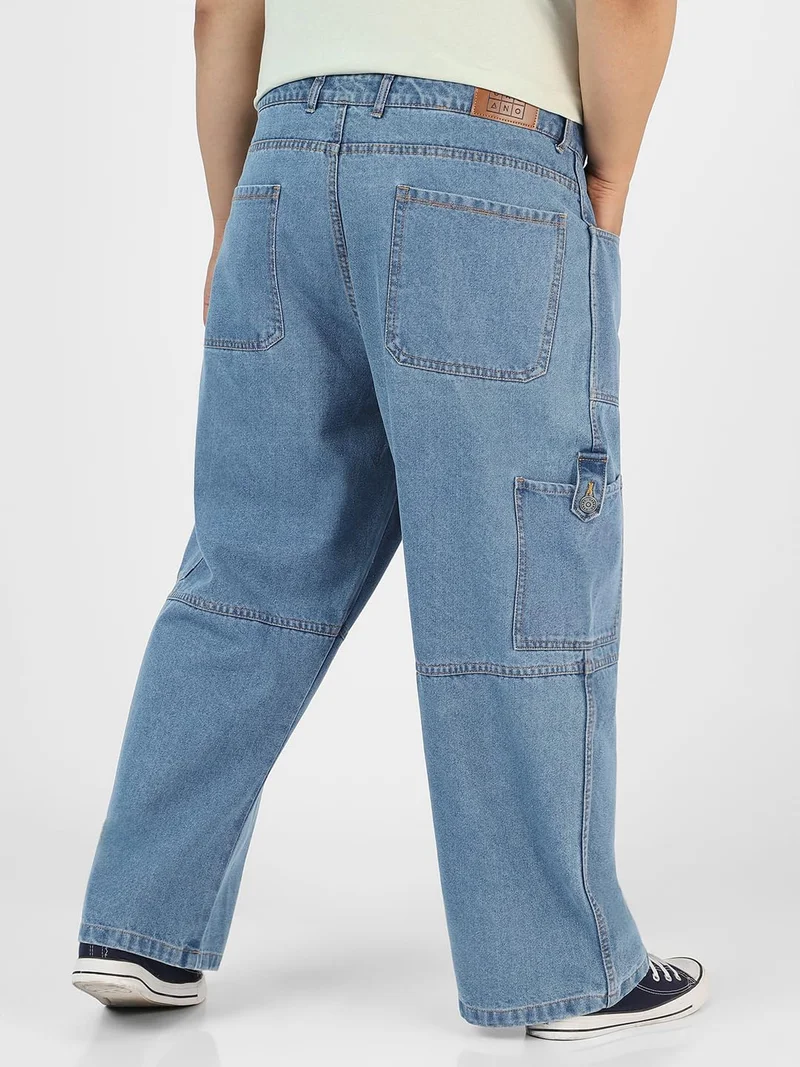 Urbano Fashion  Urbano Plus Men's Light Blue Loose Baggy Fit Washed Cargo Jeans with 6 Pockets Non-Stretchable  | Best Price UAE