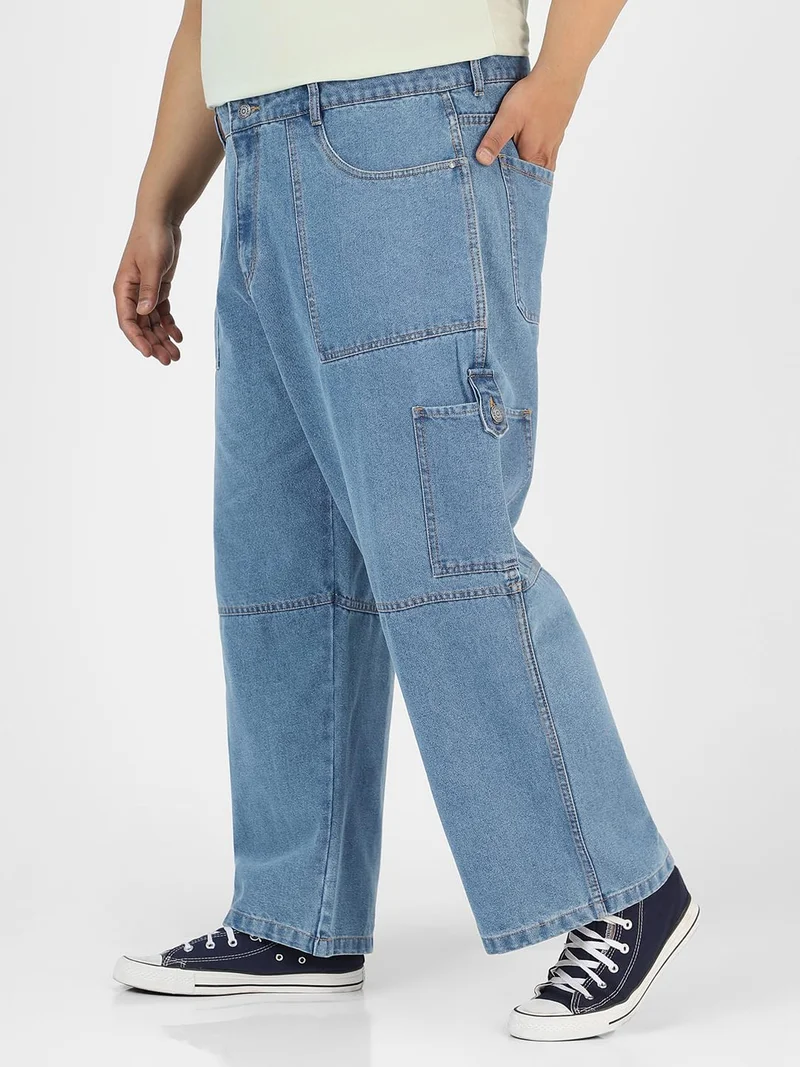 Urbano Fashion  Urbano Plus Men's Light Blue Loose Baggy Fit Washed Cargo Jeans with 6 Pockets Non-Stretchable  | Best Price UAE
