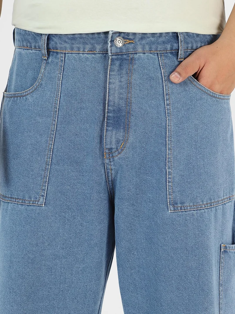 Urbano Fashion  Urbano Plus Men's Light Blue Loose Baggy Fit Washed Cargo Jeans with 6 Pockets Non-Stretchable  | Best Price UAE