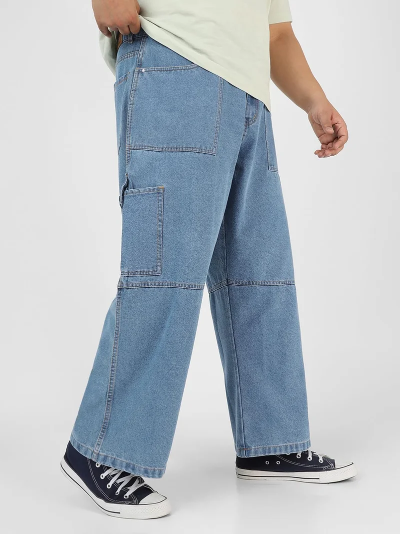 Urbano Plus Men's Light Blue Loose Baggy Fit Washed Cargo Jeans with 6 Pockets Non-Stretchable