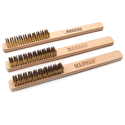 MAXMAN Brass Brush 3Pcs, Soft Brass Bristle Wire Brush for Cleaning Metal Rust, Welds, Home and Kitchen, Wire Scratch Brushes with 10" Beechwood Handle - Image 1