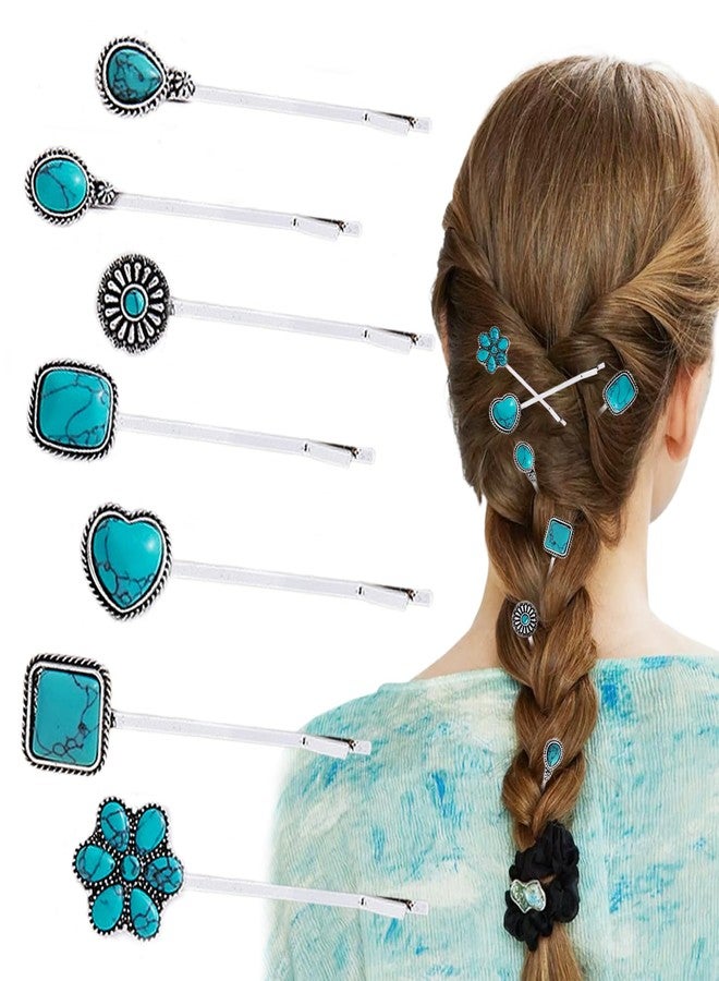 7 قطع من دبابيس الشعر الفيروزية المزخرفة بتصميم كلاسيكي، مشابك شعر معدنية فضية، دبابيس شعر من سبيكة معدنية عتيقة للنساء والفتيات، أدوات تصفيف الشعر، دبابيس شعر، إكسسوارات شعر - Image 1