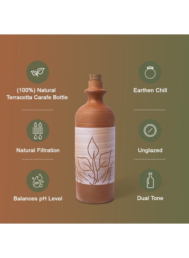 ارك زجاجة ماء من الطين المحروق مصنوعة يدويًا من ARK | زجاجة ميتي بسدادة من الفلين | تصميم فني بأوراق الشجر بلونين | تبريد طبيعي | صديقة للبيئة | 800 مل - Image 4