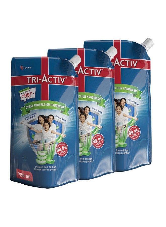 Tri-Activ Liquid Handwash Refill | 750ml x Pack of 3 (2250ml) | Protects From 99.9% Disease Causing Germs | Hand Wash Refill Packs with Aloevera & Avocado| Liquid Soap | Gentle on Hands & Safe on Skin - Image 1