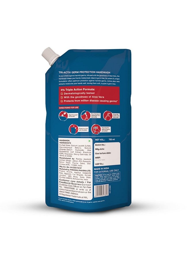 Tri-Activ Liquid Handwash Refill | 750ml x Pack of 3 (2250ml) | Protects From 99.9% Disease Causing Germs | Hand Wash Refill Packs with Aloevera & Avocado| Liquid Soap | Gentle on Hands & Safe on Skin - Image 3