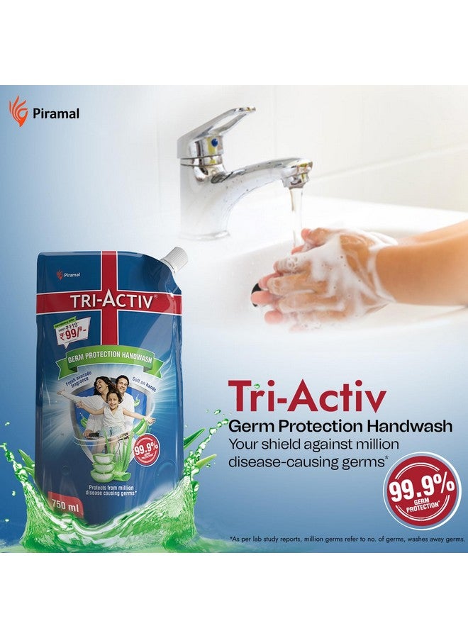 Tri-Activ Liquid Handwash Refill | 750ml x Pack of 3 (2250ml) | Protects From 99.9% Disease Causing Germs | Hand Wash Refill Packs with Aloevera & Avocado| Liquid Soap | Gentle on Hands & Safe on Skin - Image 4