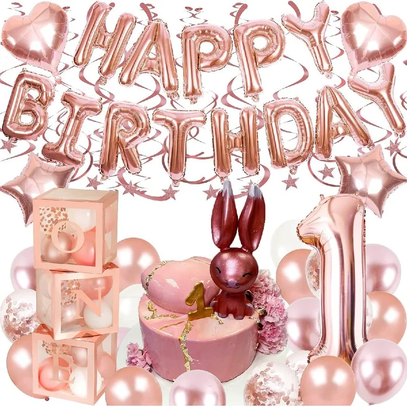 Bkmc Rose Gold 1st Year Balloon Chain Birthday Set Happy Birthday Birthday Set