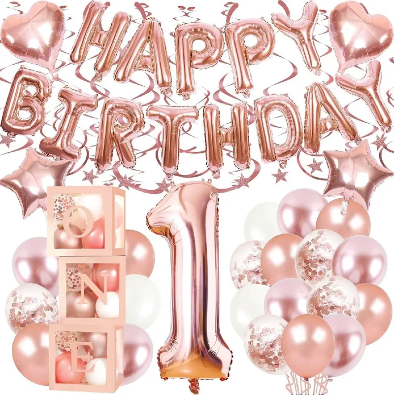 Bkmc Rose Gold 1st Year Balloon Chain Birthday Set Happy Birthday Birthday Set