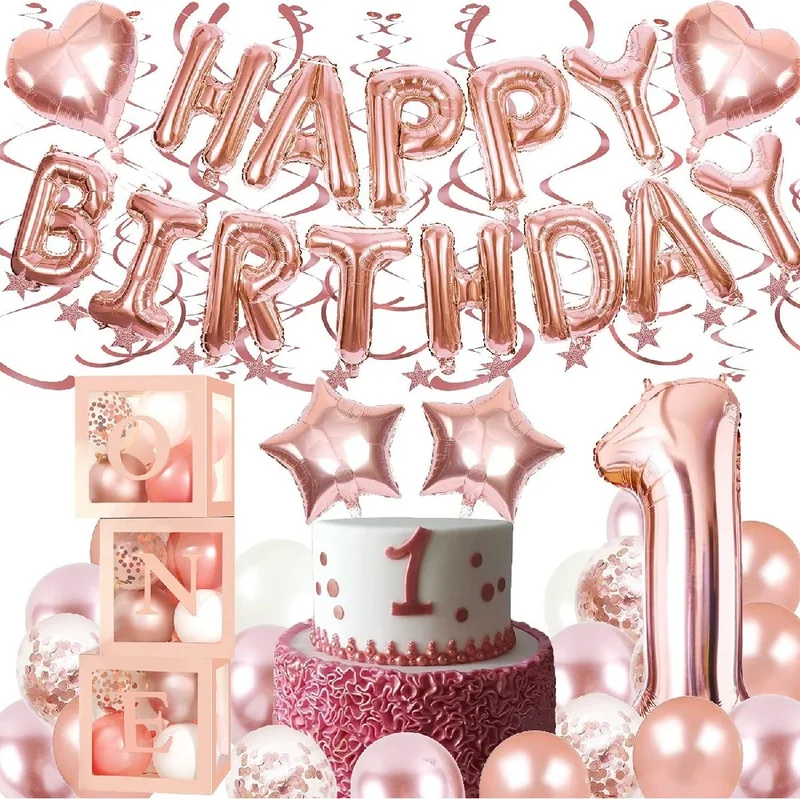 Bkmc Rose Gold 1st Year Balloon Chain Birthday Set Happy Birthday Birthday Set