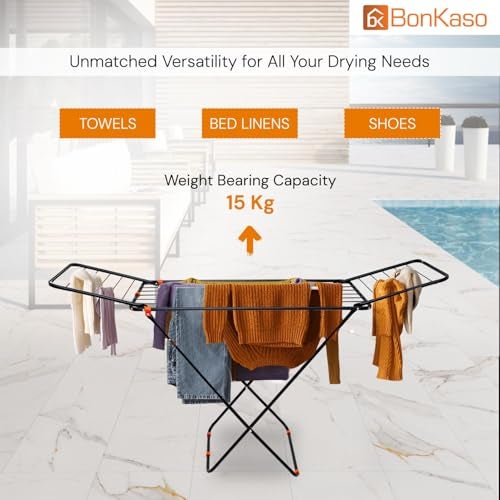 BonKaso Foldable Cloth Drying Stand for Drying Clothes, 3-Way Folding with 20 Drying Rails, Lightweight Alloy Steel, Flat Folding Design | Indoor & Outdoor Clothes Dryer Orange - Image 2