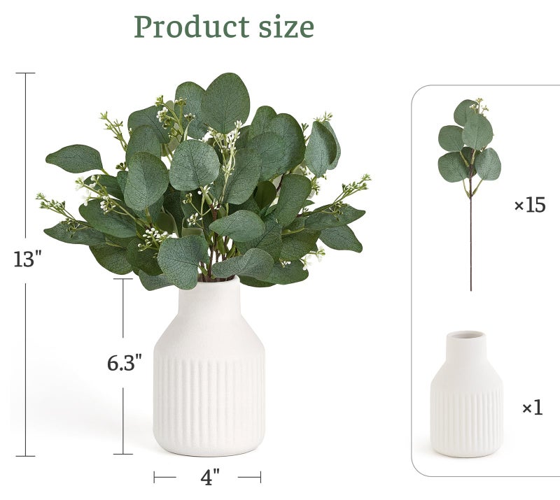 Dahey Artificial Eucalyptus Stems in Ceramic Vase Centerpiece Table Decorations Modern Farmhouse Decor Fake Eucalyptus Plants with Vase for Bathroom Kitchen Shelf Living Room Home Decor, White - Image 2
