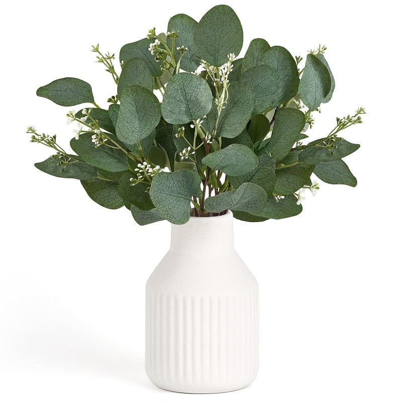 Dahey Artificial Eucalyptus Stems in Ceramic Vase Centerpiece Table Decorations Modern Farmhouse Decor Fake Eucalyptus Plants with Vase for Bathroom Kitchen Shelf Living Room Home Decor, White - Image 1