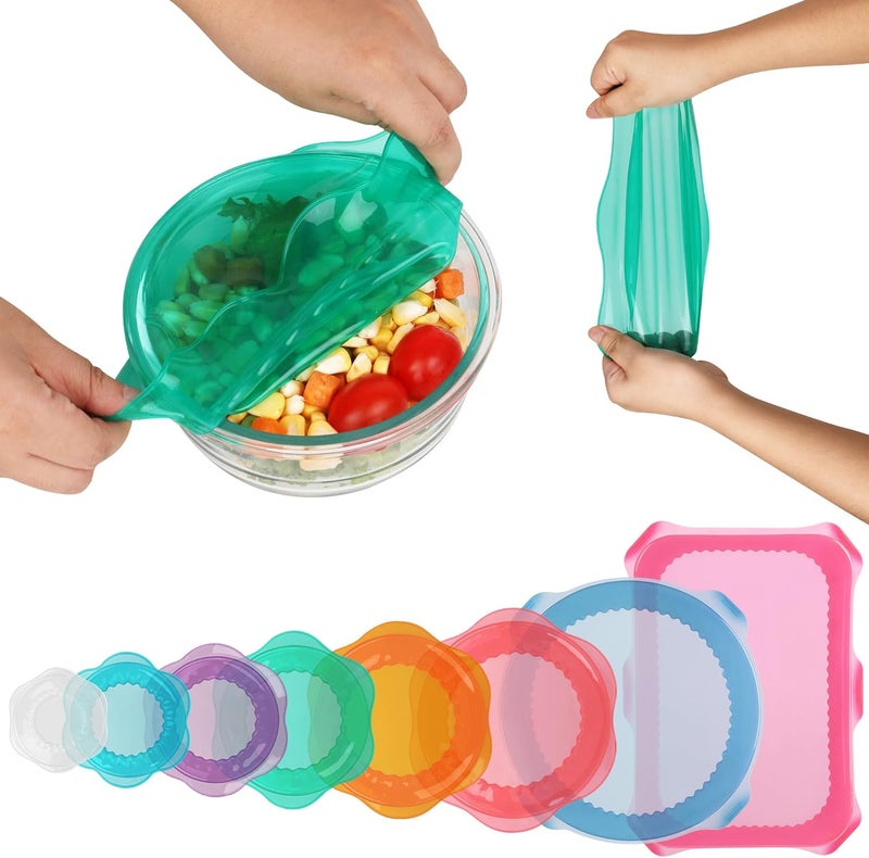 Rottogoon Silicone Stretch Lids for Food Storage in Fridge, Reusable Elastic Bowl Covers for Cup, Cans, Jars, Round & Rectangle Container, Food Grade Silicone Microwave Food Cover, Heat-Resistant, 8PCS - Image 1