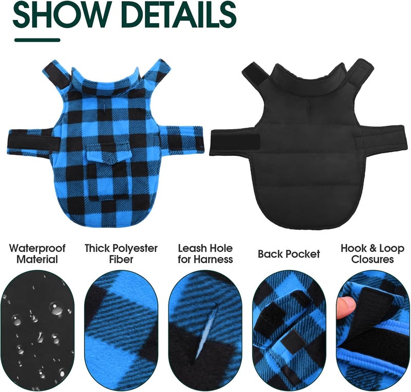 Kuoser Dog Winter Coat, Windproof Dog Fleece Jacket British Style Plaid Cold Weather Doggie Vest Coats, Reversible Cozy Warm Puppy Clothes Pet Apparel for Small Dogs XS - Image 3