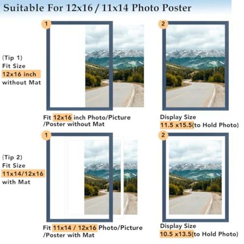 Wood 12x16 Picture Frame with 11x14 Mat Navy Blue, Display 11x14 with Mat or 12x16 Without Mat, Wood 12 by 16 Photo Frame, 12 x 16 Frame for Wall Hanging Display, Navy Blue - Image 2