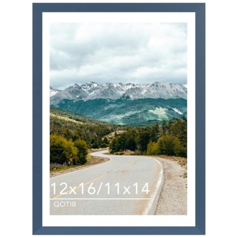 Wood 12x16 Picture Frame with 11x14 Mat Navy Blue, Display 11x14 with Mat or 12x16 Without Mat, Wood 12 by 16 Photo Frame, 12 x 16 Frame for Wall Hanging Display, Navy Blue - Image 1