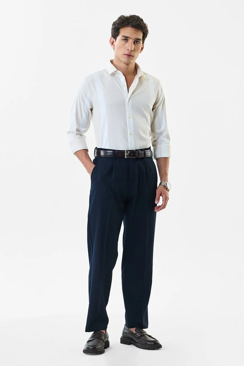 SNITCH Off-White Striped Long Sleeve Slim Fit Luxe Shirt