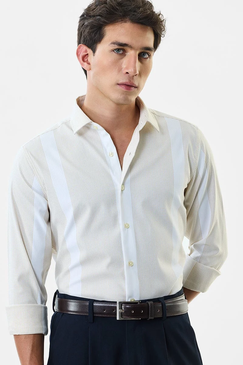 SNITCH Off-White Striped Long Sleeve Slim Fit Luxe Shirt