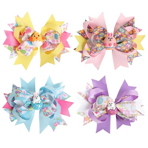 phnydreg 4Pcs Easter Hair Bows Clips 4.72 Inch Rabbits Eggs Pattern Hair Clips Easter Hair Accessories for Girls Toddlers Kids Easter Party Supplies - Image 1